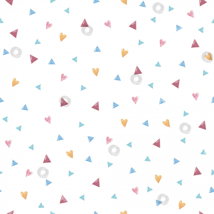 Скачать Бесшовный акварельный узор с разноцветными треугольниками и сердечками фотосток Ozero