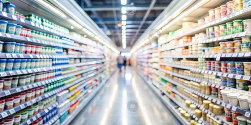 Скачать Размытый вид спереди на прилавок продуктового магазина с йогуртом и сливочным сыром. Генерирующий искусственный интеллект фотосток Ozero