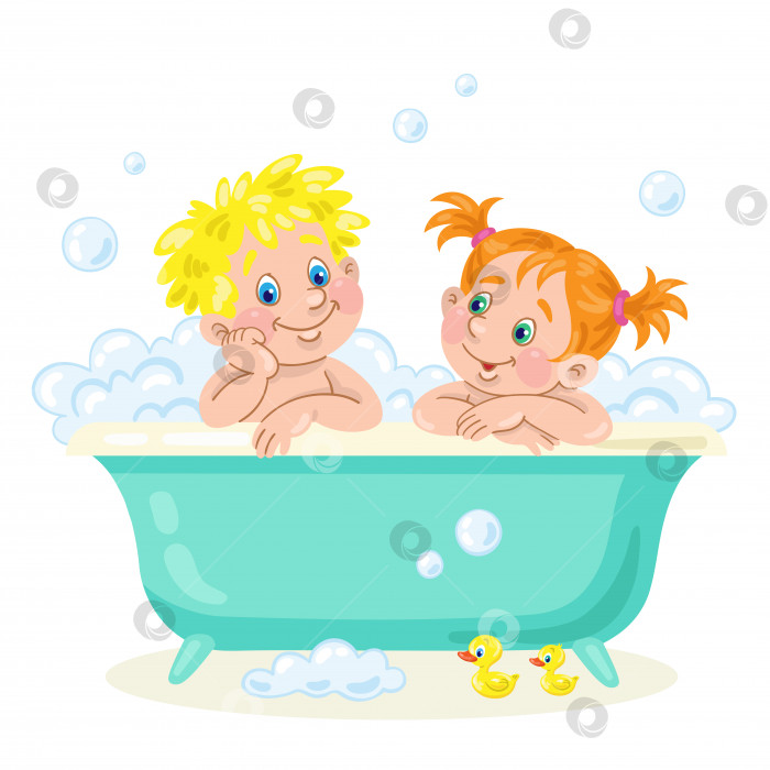 Скачать Забавные маленькие дети сидят в ванне с мыльной пеной. фотосток Ozero