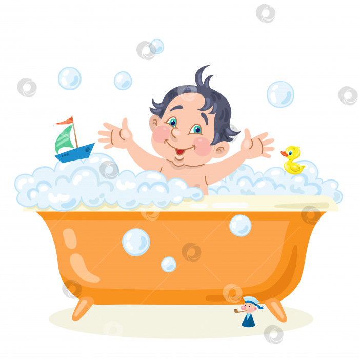 Скачать Забавный мальчик играет в ванне с мыльной пеной и игрушками. В мультяшном стиле. фотосток Ozero