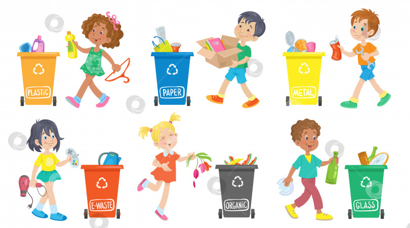 Скачать Забавные дети собирают металлические, бумажные, органические, пластиковые, стеклянные и электронные отходы в мусорные баки разных цветов. Сортировка отходов. фотосток Ozero