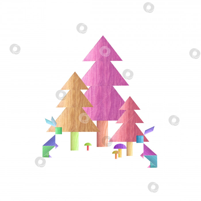 Скачать Цветной лес с елями, кроликами и грибами из деревянных блоков, выделенных на белом фоне. Акварельная иллюстрация для оформления открыток, поздравлений, открыток на день рождения и детских открыток фотосток Ozero