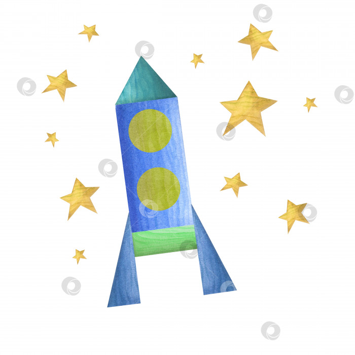 Скачать Космический корабль, летящий среди звезд, сделан из деревянных цветных кирпичей, выделенных на белом фоне. Акварельная иллюстрация для оформления детских открыток, поздравлений, открыток на день рождения и детских выставок фотосток Ozero
