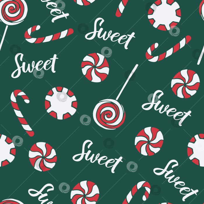 Скачать Векторный бесшовный узор с нарисованными от руки рождественскими конфетами на темно-зеленом фоне фотосток Ozero