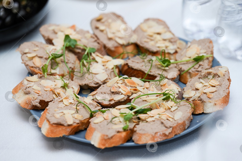Скачать Закуски-брускетты с паштетом из куриной печени, посыпанные миндальными хлопьями и свежими ростками микрозелени на керамической тарелке фотосток Ozero