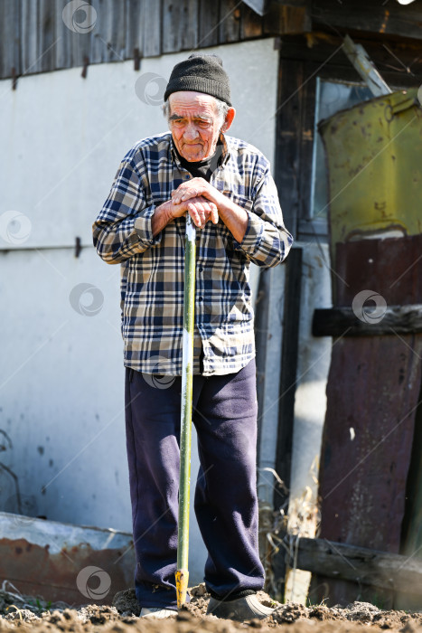 Скачать Усталый русский 77-летний пожилой мужчина опирается на мотыгу, делая перерыв в посадке картофеля на огороде в сельской местности фотосток Ozero