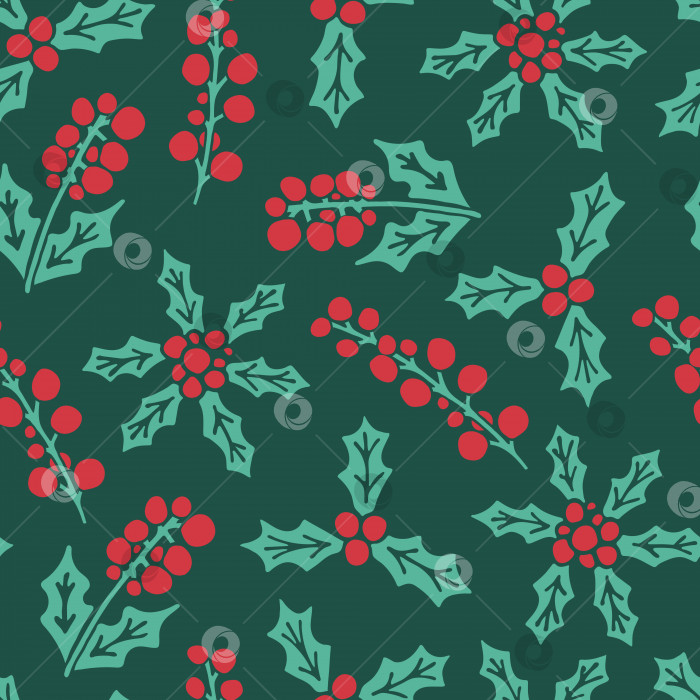 Скачать Векторный бесшовный узор с нарисованной от руки каракулевой иллюстрацией рождественской ягоды остролиста фотосток Ozero