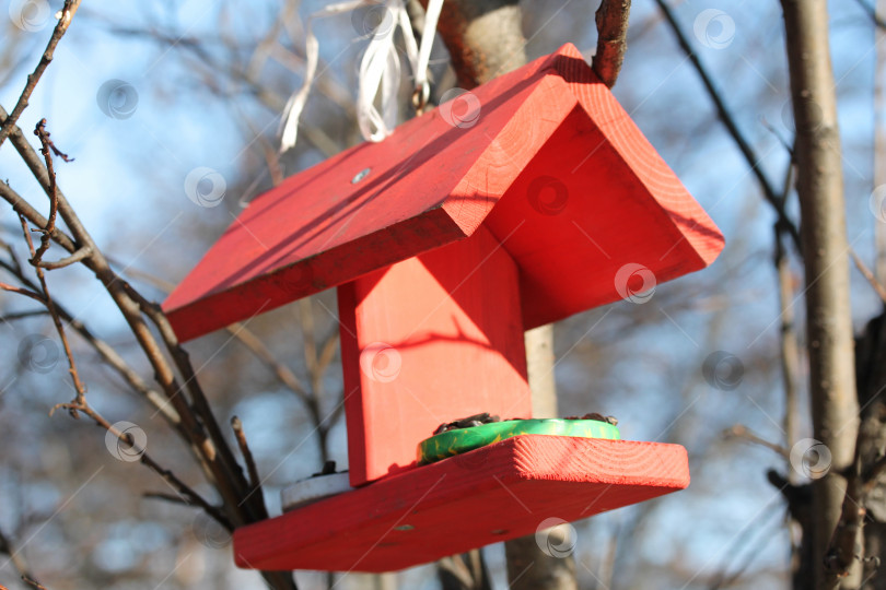 Скачать Деревянная кормушка для птиц с крышей для птиц и животных в городском парке фотосток Ozero