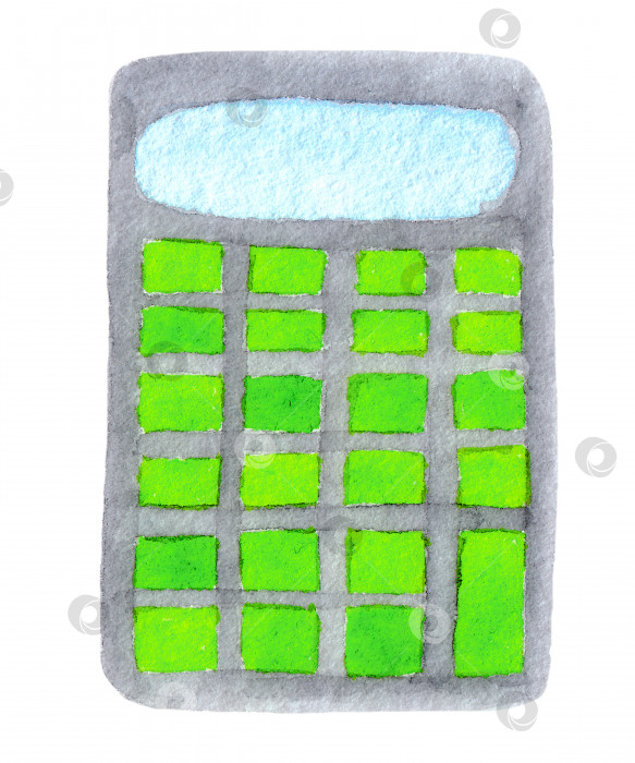 Скачать Акварельная иллюстрация серого калькулятора с зелеными кнопками, выделенными на белом фоне фотосток Ozero