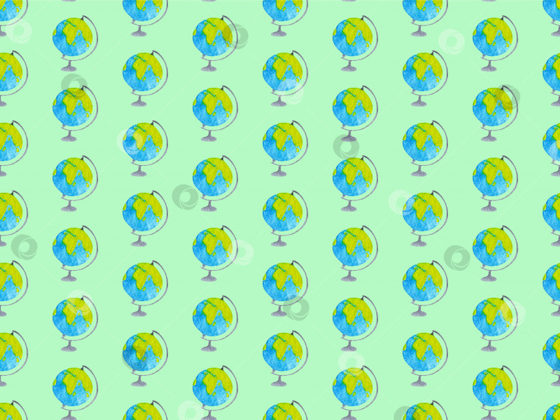 Скачать Географический акварельный бесшовный узор с глобусами на зеленом фоне фотосток Ozero