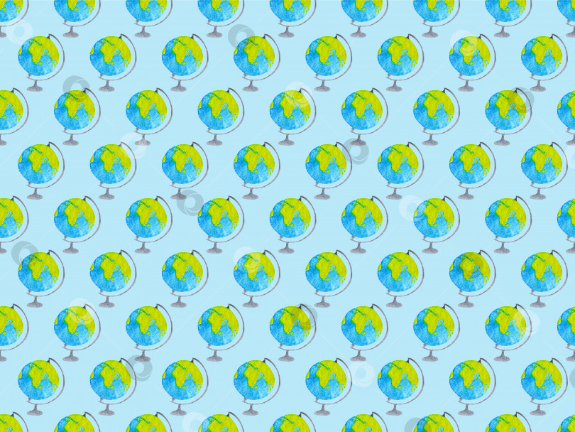 Скачать Географический акварельный бесшовный узор с глобусами на синем фоне фотосток Ozero