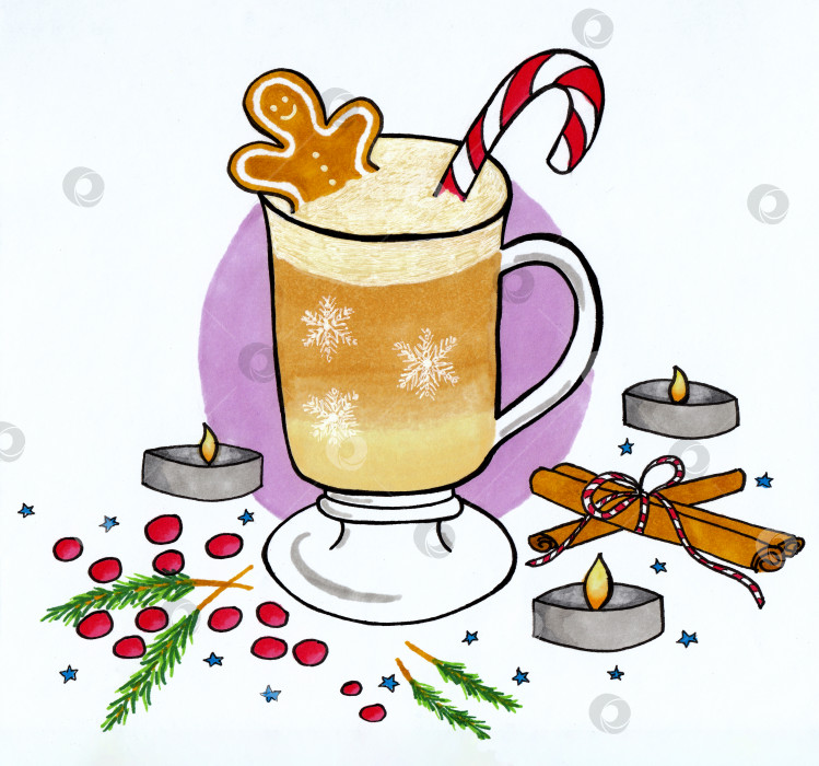 Скачать Зимняя иллюстрация кофейной чашки с пряниками и леденцовой палочкой фотосток Ozero