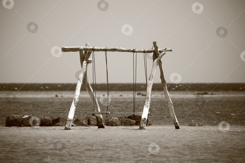 Скачать Деревянные качели в мелком море фотосток Ozero