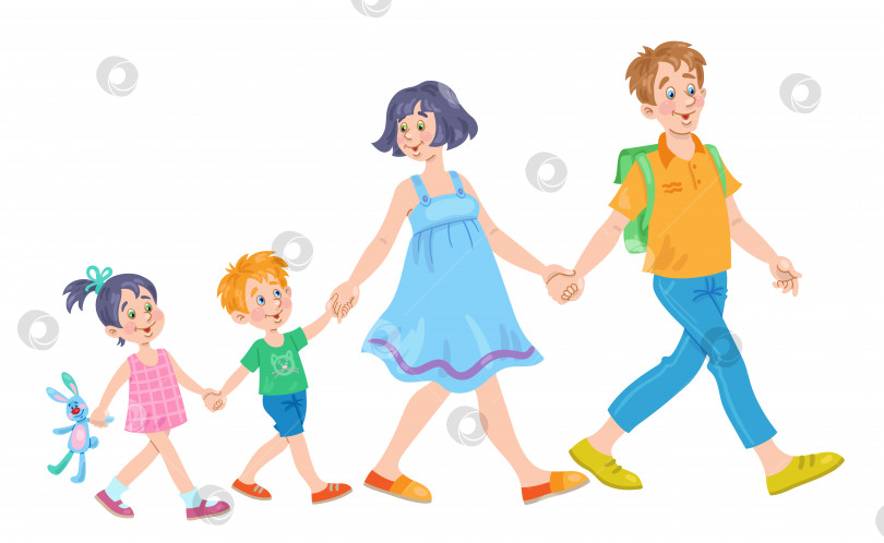 Скачать Молодая счастливая семья идет рука об руку. Отец, милая мать, маленькие сын и дочь. фотосток Ozero