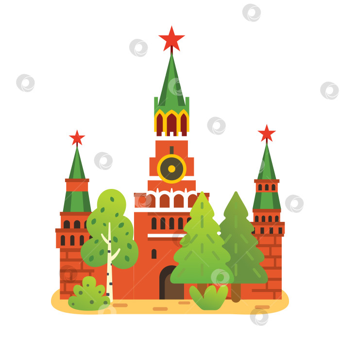 Скачать Башни Московского Кремля с деревьями, выделяющимися на белом фоне. Иллюстрация. Историческая крепостная архитектура с культовыми стенами из красного кирпича. фотосток Ozero