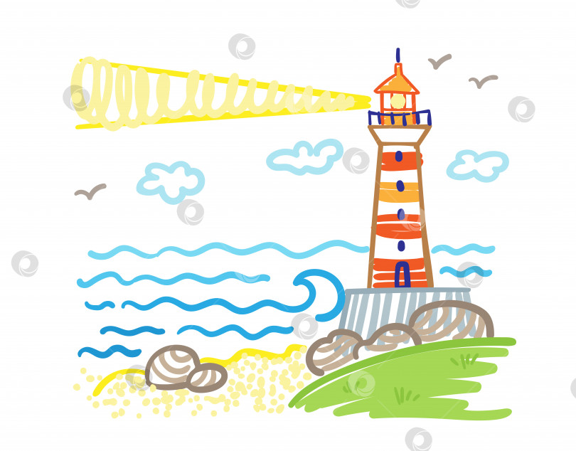Скачать Детский рисунок. Большой маяк стоит на берегу моря. фотосток Ozero