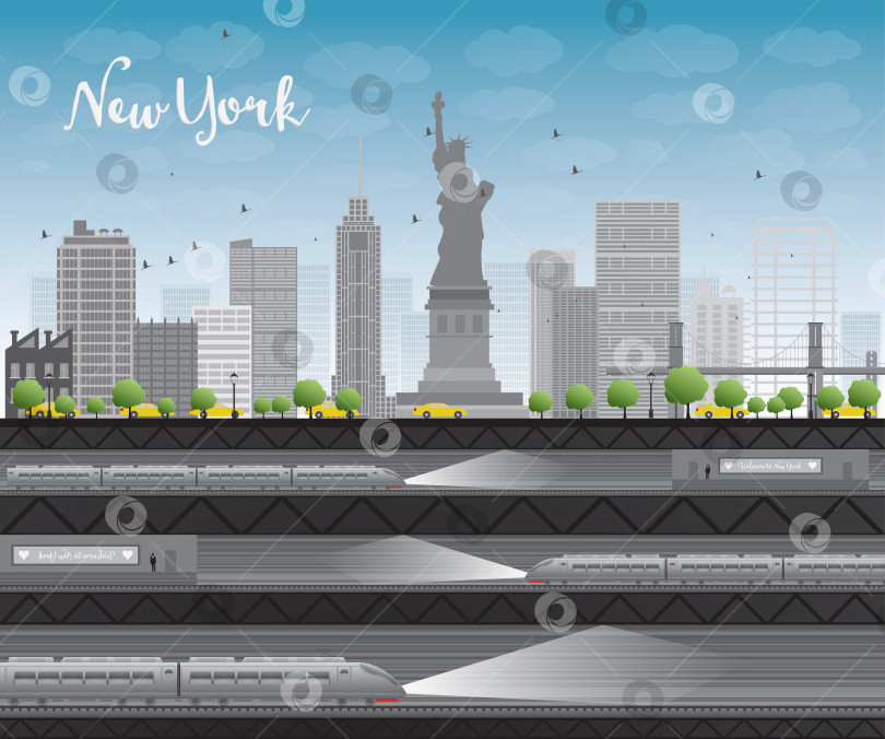 Скачать Горизонт Нью-Йорка с голубым небом, облаками, желтым такси и поездом фотосток Ozero