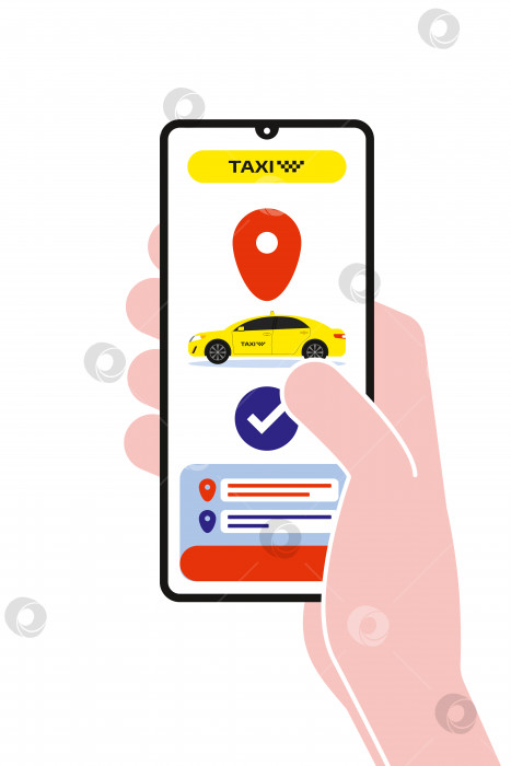 Скачать Приложение для онлайн-заказа такси. Смартфон в руке с онлайн-сервисом taxi app фотосток Ozero