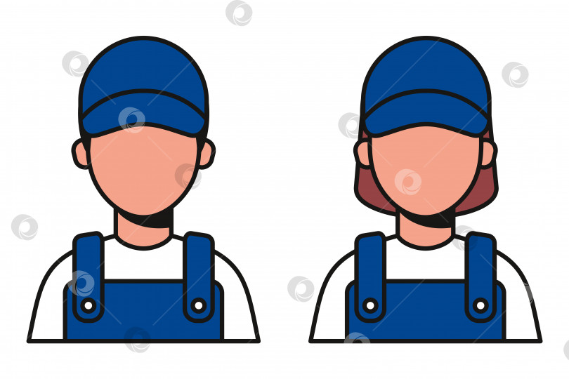 Скачать Значок, изображающий женщину и мужчину-ремонтника. Аватар рабочих-механиков в синей униформе и фуражке. фотосток Ozero