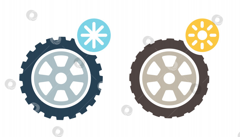 Скачать Автомобильные колеса со значками спущенных зимних и летних шин. Иллюстрация шин фотосток Ozero