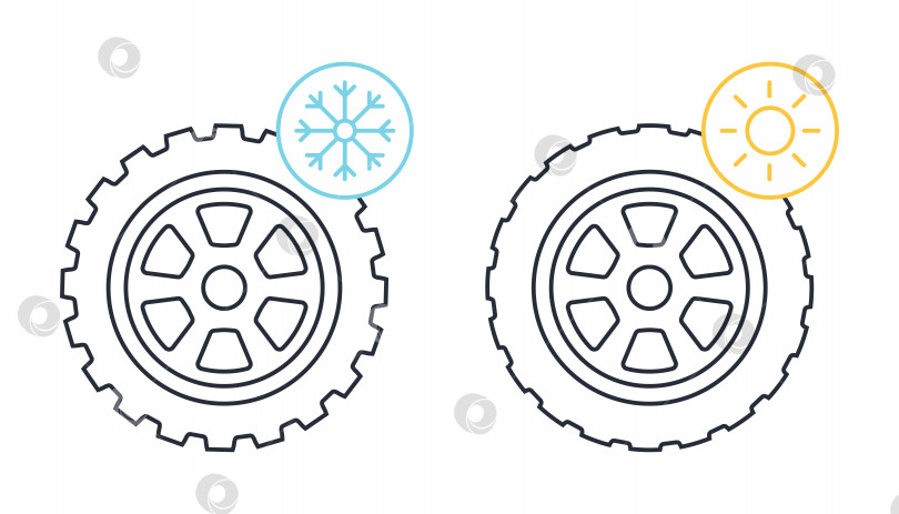 Скачать Автомобильные колеса со значками линий зимних и летних шин. Иллюстрация шин фотосток Ozero