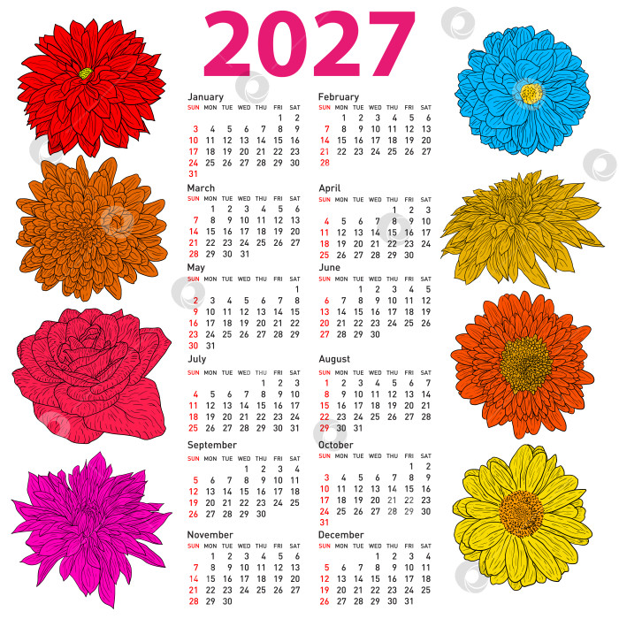 Скачать Календарь на 2027 год с нарисованными от руки цветами на белом фоне фотосток Ozero
