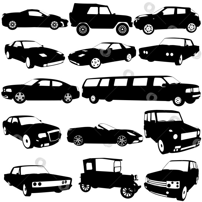 Скачать Установите черные силуэты различных типов автомобилей на белом фоне. Векторная иллюстрация. фотосток Ozero