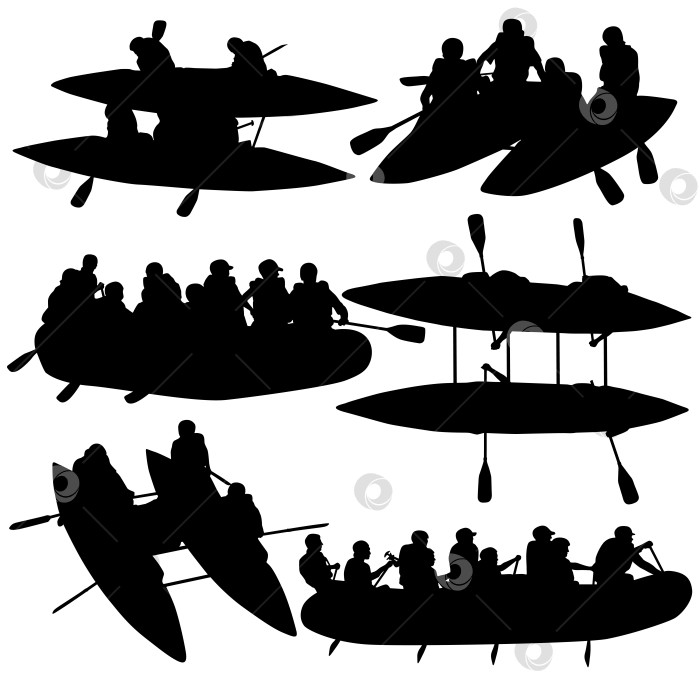 Скачать Коллекция Silhouette представляет людей, плавающих на лодках, катамаранах и байдарках.  Векторная иллюстрация. фотосток Ozero