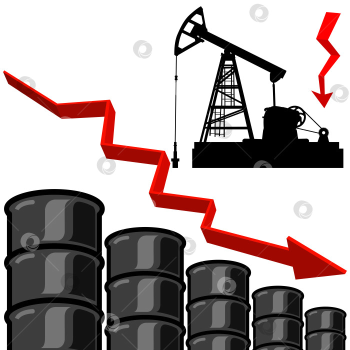 Скачать График баррелей нефти с красной стрелкой, направленной вниз. Векторная иллюстрация. фотосток Ozero