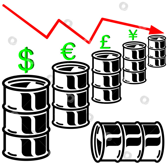 Скачать График баррелей нефти с красной стрелкой, направленной вниз. Векторная иллюстрация. фотосток Ozero