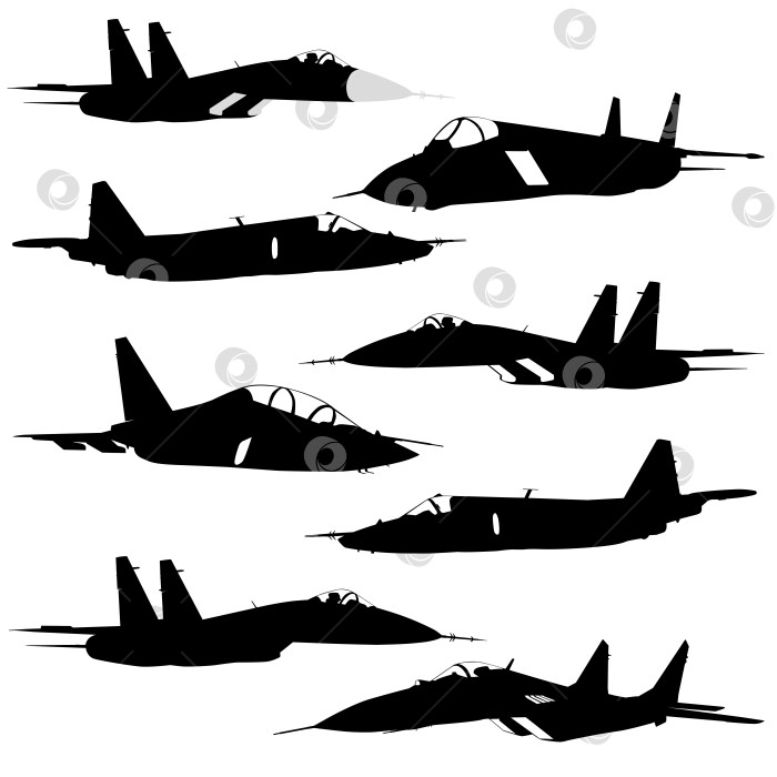 Скачать Коллекция силуэтов различных боевых самолетов.  векторная иллюстрация для дизайнеров фотосток Ozero
