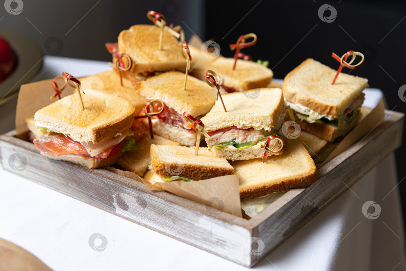 Скачать Сэндвичи с копченым лососем, закуски на поздний завтрак "Шведский стол" фотосток Ozero