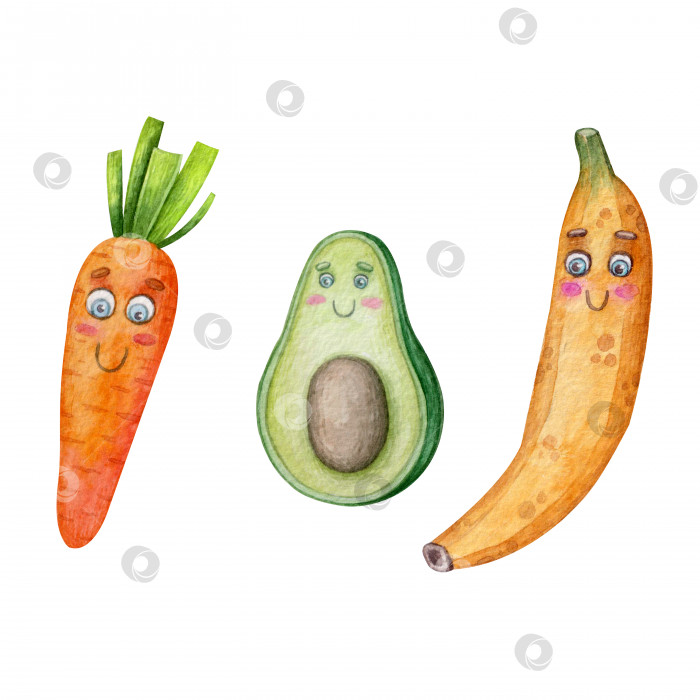 Скачать Подается с мультяшной морковью, авокадо и бананом. фотосток Ozero