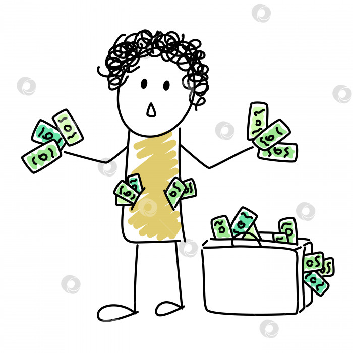 Скачать Забавный мультяшный персонаж с каракулями в руках держит деньги. Чемодан, полный денег. Хранение и сбережение денег фотосток Ozero