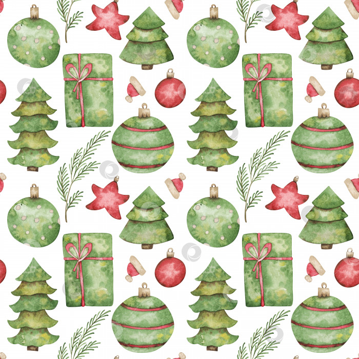 Скачать Рождественский бесшовный узор с елью, еловыми ветками, шарами, подарками. Красный и зеленый праздничный фон фотосток Ozero