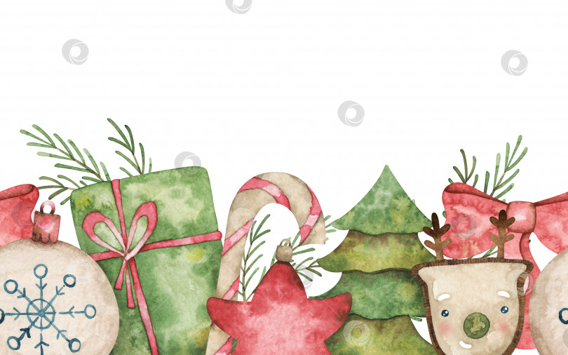 Скачать Праздничный бесшовный бордюр с подарком, сосной, оленем, рождественской елкой. Симпатичная повторяющаяся рамка с праздничными элементами фотосток Ozero