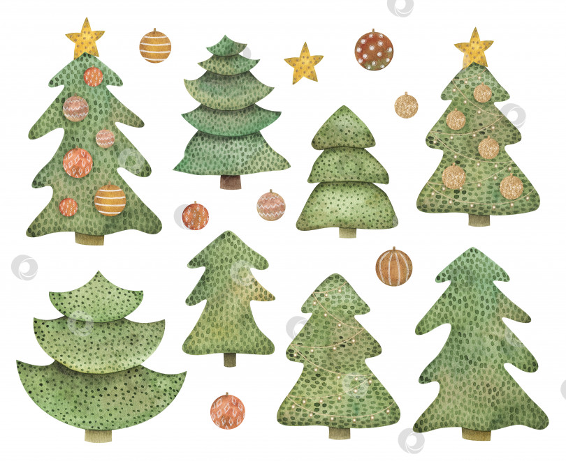 Скачать Акварельный набор с милыми рождественскими елками. Нежные сосны с милыми декоративными элементами фотосток Ozero