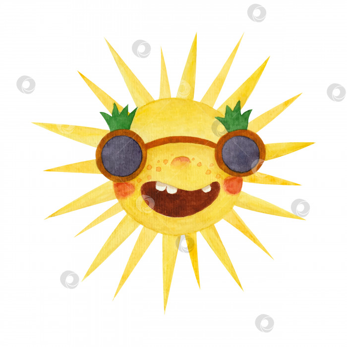 Скачать Яркая акварельная иллюстрация с улыбающимся солнцем в солнцезащитных очках фотосток Ozero