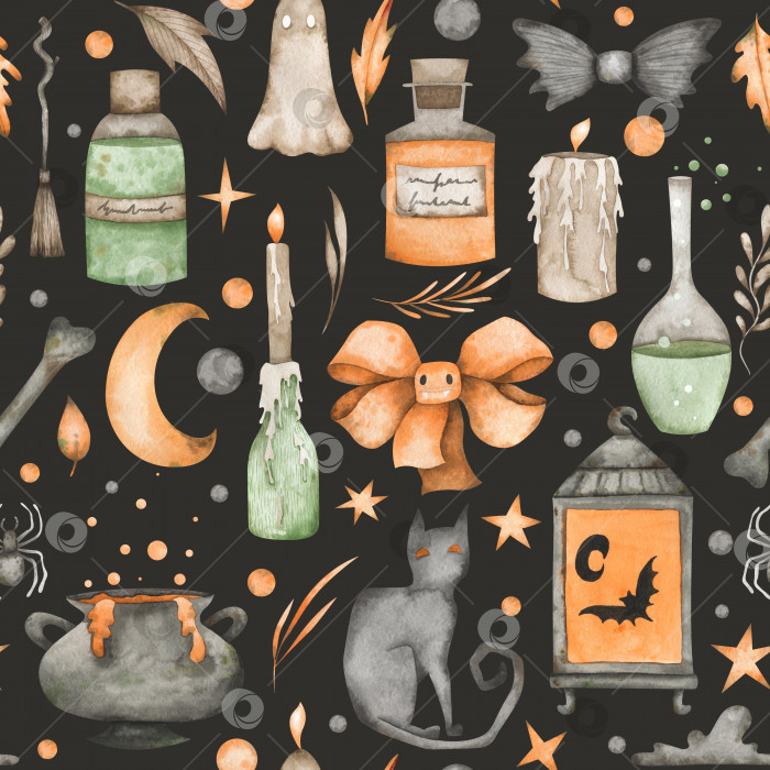 Скачать Акварельный бесшовный узор со свечами, кошками, котлами, луной, костями на черном фоне. Повторяемые цифровые элементы для создания дизайна на Хэллоуин фотосток Ozero