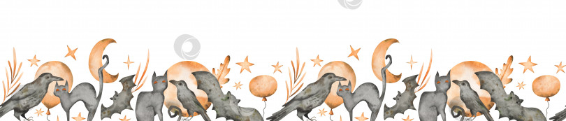 Скачать Акварельная бесшовная кайма с черно-оранжевой луной, воронами, кошками, летучими мышами, воздушными шарами, звездами и листьями. Мультяшная повторяющаяся рамка для дизайна Хэллоуина фотосток Ozero