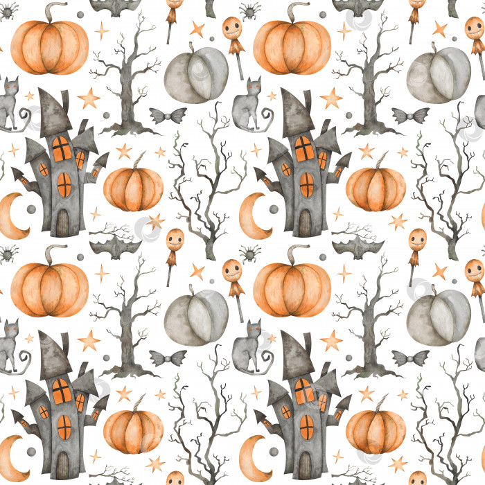 Скачать Бесшовный узор на Хэллоуин с домами с привидениями, деревьями, тыквами, конфетами, луной и летучими мышами. Повторяющийся акварельный фон фотосток Ozero