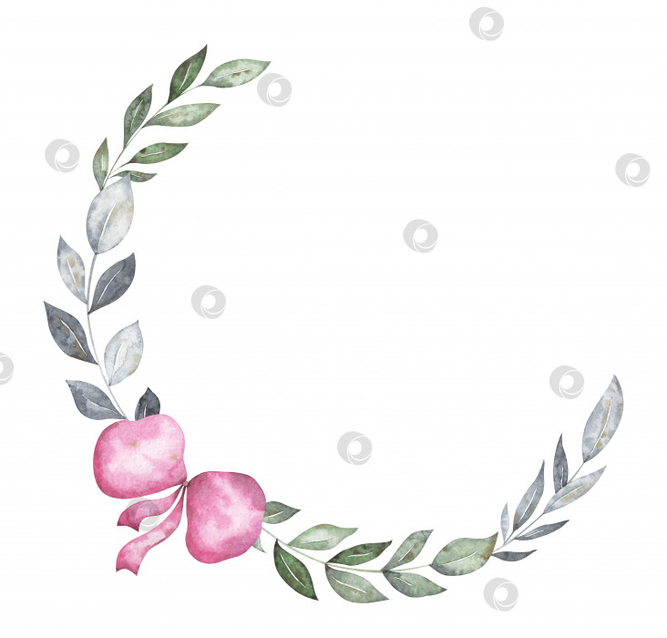 Скачать Нежный акварельный венок с листьями и розовым бантом для приглашений на День Святого Валентина. Симпатичная рамка для праздничных поздравлений, открыток на день рождения фотосток Ozero