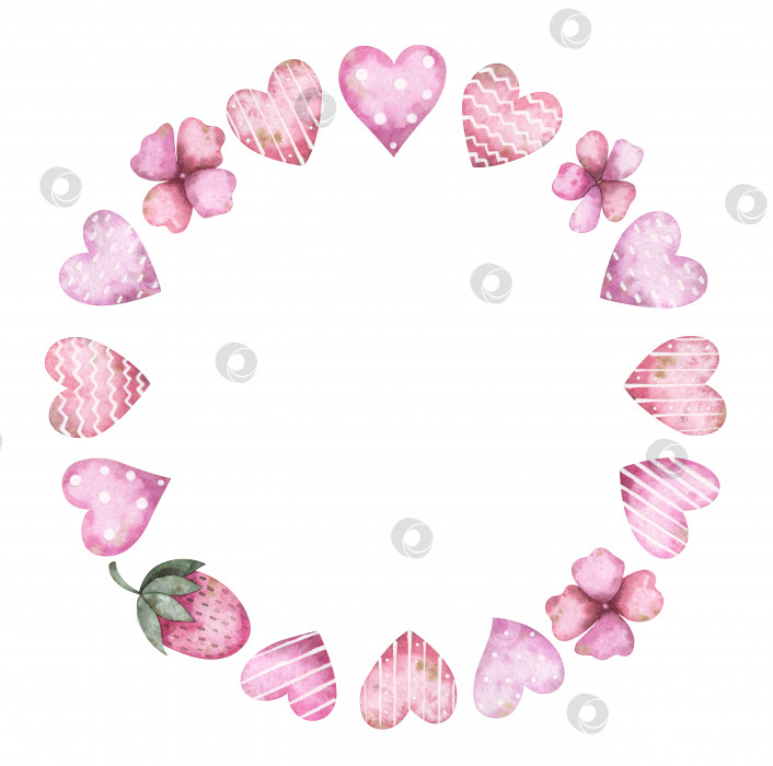 Скачать Розовый акварельный венок с забавными сердечками и цветами для приглашений на День Святого Валентина. Симпатичная рамка для праздничных поздравлений, открыток на день рождения фотосток Ozero