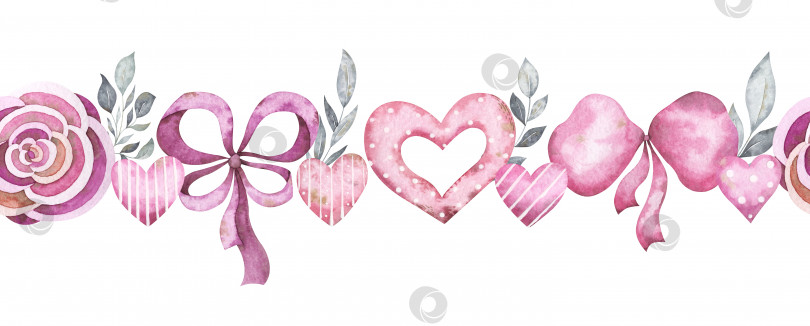 Скачать Акварельная бесшовная кайма с розовыми сердечками, бантиками, цветами и листвой на День Святого Валентина. Симпатичная повторяющаяся рамка для праздничных поздравлений фотосток Ozero