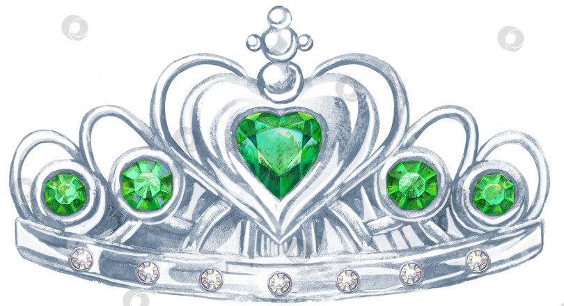 Скачать Акварельная серебряная корона принцессы с драгоценными камнями изумрудом и фианитом фотосток Ozero