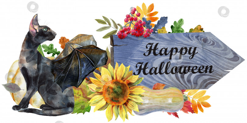 Скачать Черный кот с крыльями летучей мыши с тыквой и осенними листьями. счастливого Хэллоуина фотосток Ozero