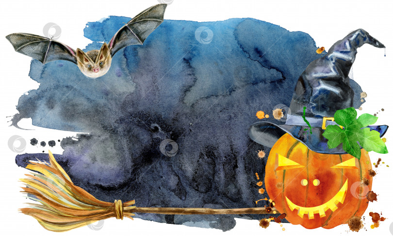 Скачать Акварельный Хэллоуин. Нарисованные от руки праздничные иллюстрации на черном фоне фотосток Ozero