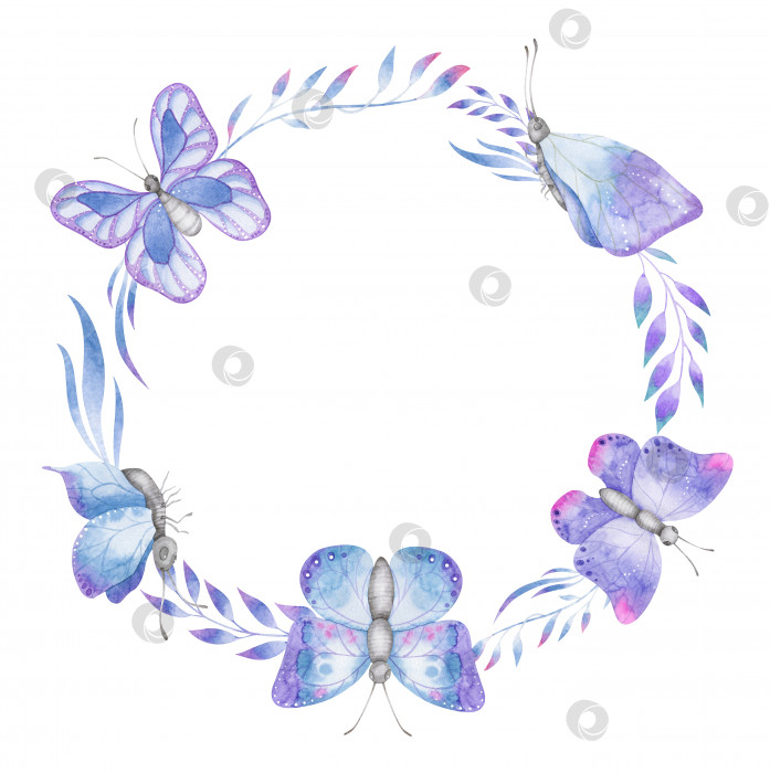 Скачать Акварельный венок с фиолетовыми и синими бабочками и лесными ветками. Забавная рамка с цветочными элементами фотосток Ozero