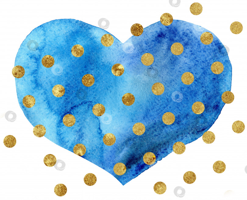 Скачать Акварельное голубое сердечко с золотыми точками на белом фоне фотосток Ozero