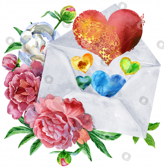 Скачать Конверт с сердечками и цветами, Любовное письмо с романтическими сердечками. акварельная иллюстрация, выделенная на белом фоне. фотосток Ozero